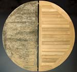 Round outdoor teak table top starting to be refinished